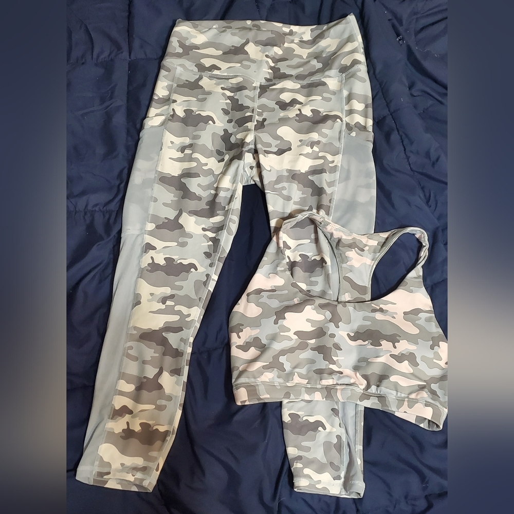 Fabletics Camouflage Activewear Set - Gray and White